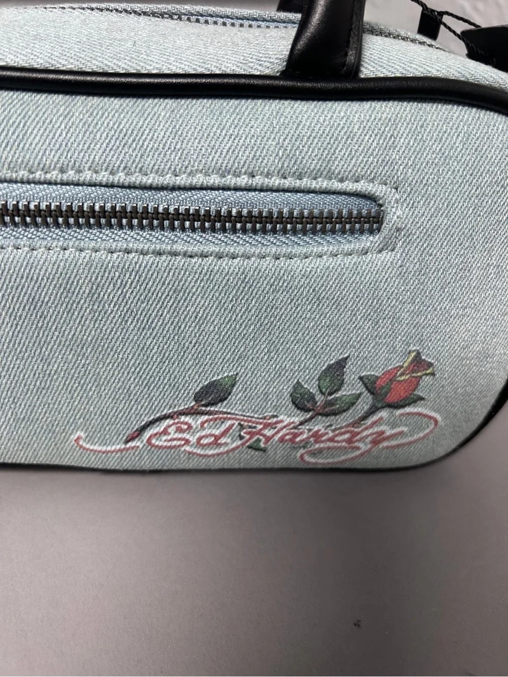 Ed Hardy Denim Blue Floral Rhinestone Embroidered Satchel Zip Pockets Charm
